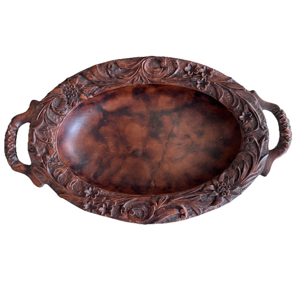Vintage Hand Carved Wood Oval Tray Floral Scroll Handles Felt Bottom USA